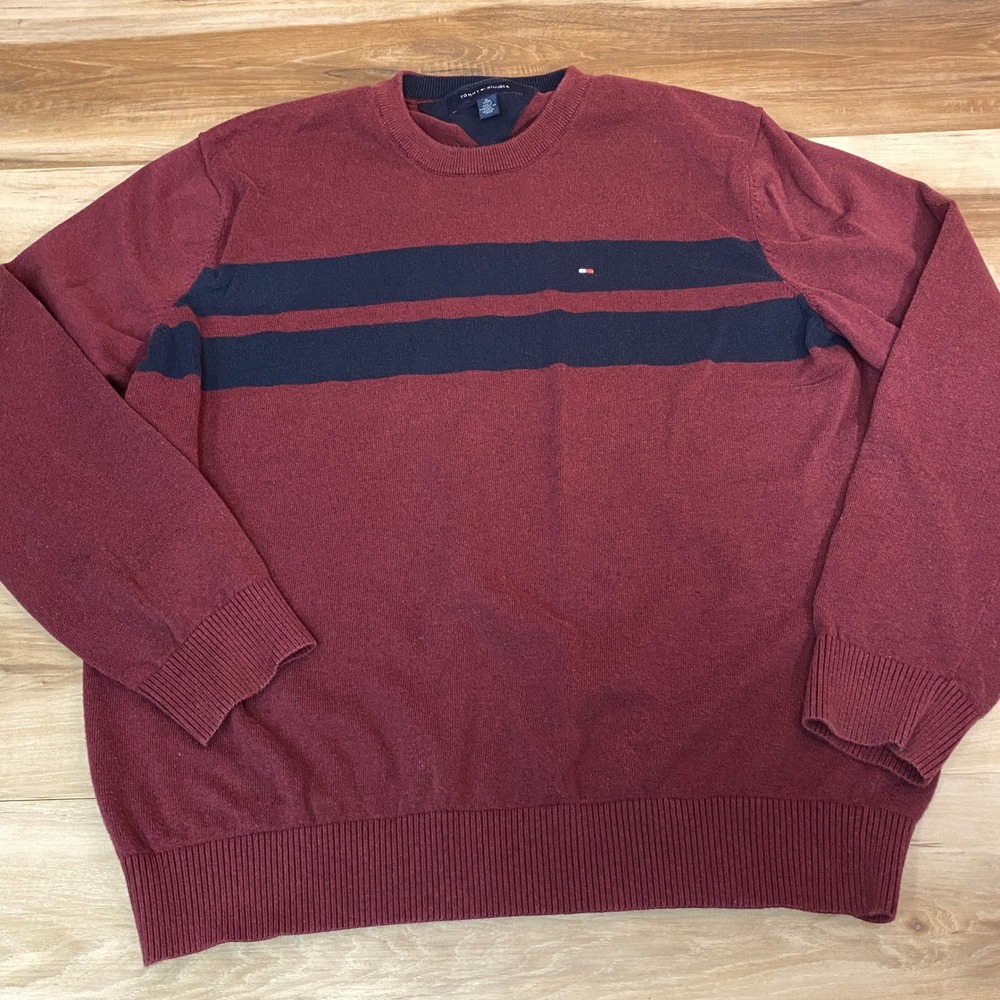 Tommy‎ Hilfiger Sweater Mens XL Burgundy Navy Blue Striped Cotton Crewneck